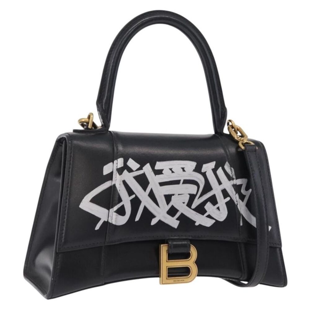 Balenciaga Graffiti Hourglass Top Handle Leather Black Leather Handbag